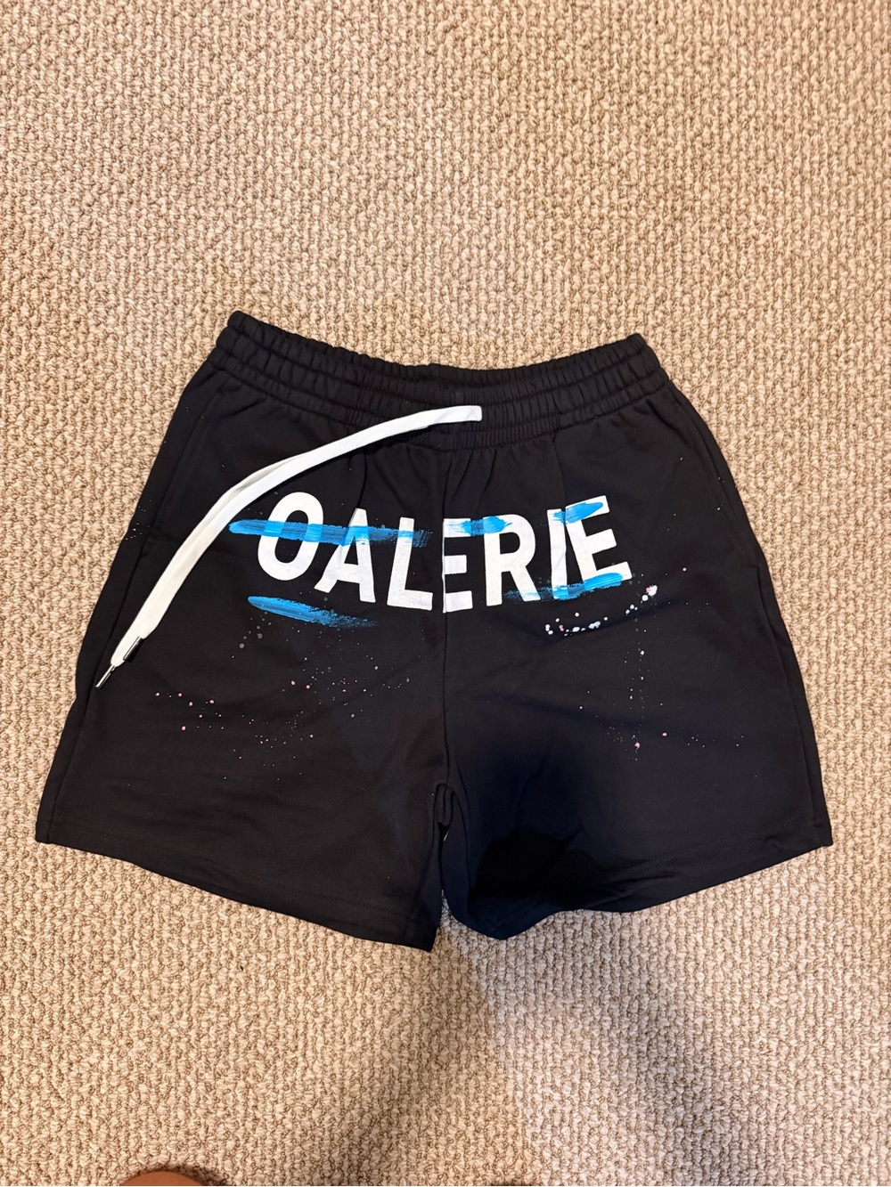 Gallery Dept Black Graphic Drawstring Athletic Shorts with Blue Accents